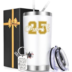Lifecapido Graduation Gifts, Class of 2025 20oz Tumbler with Keychain, High School College Masters Degree PhD Graduation Gifts for Friends Classmates Graduates, White