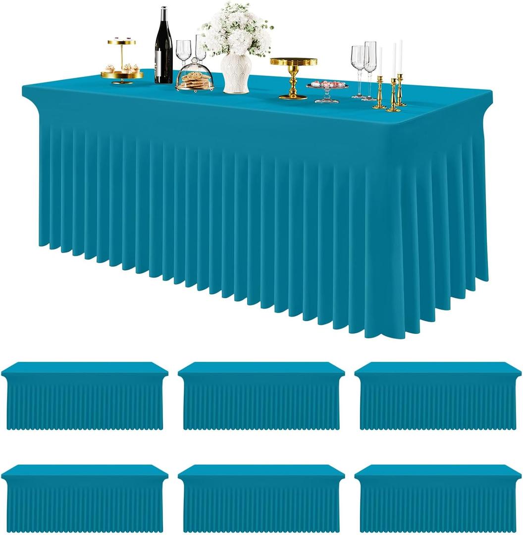 Smiry Spandex Tablecloth 6 Pack, Elastic Fitted Stretch Tablecloth for 8FT Rectangle Tables, Waterproof Washable Table Cover Skirt for Wedding, Banquet & Parties (Turquoise, 96Lx30Wx30H Inch)