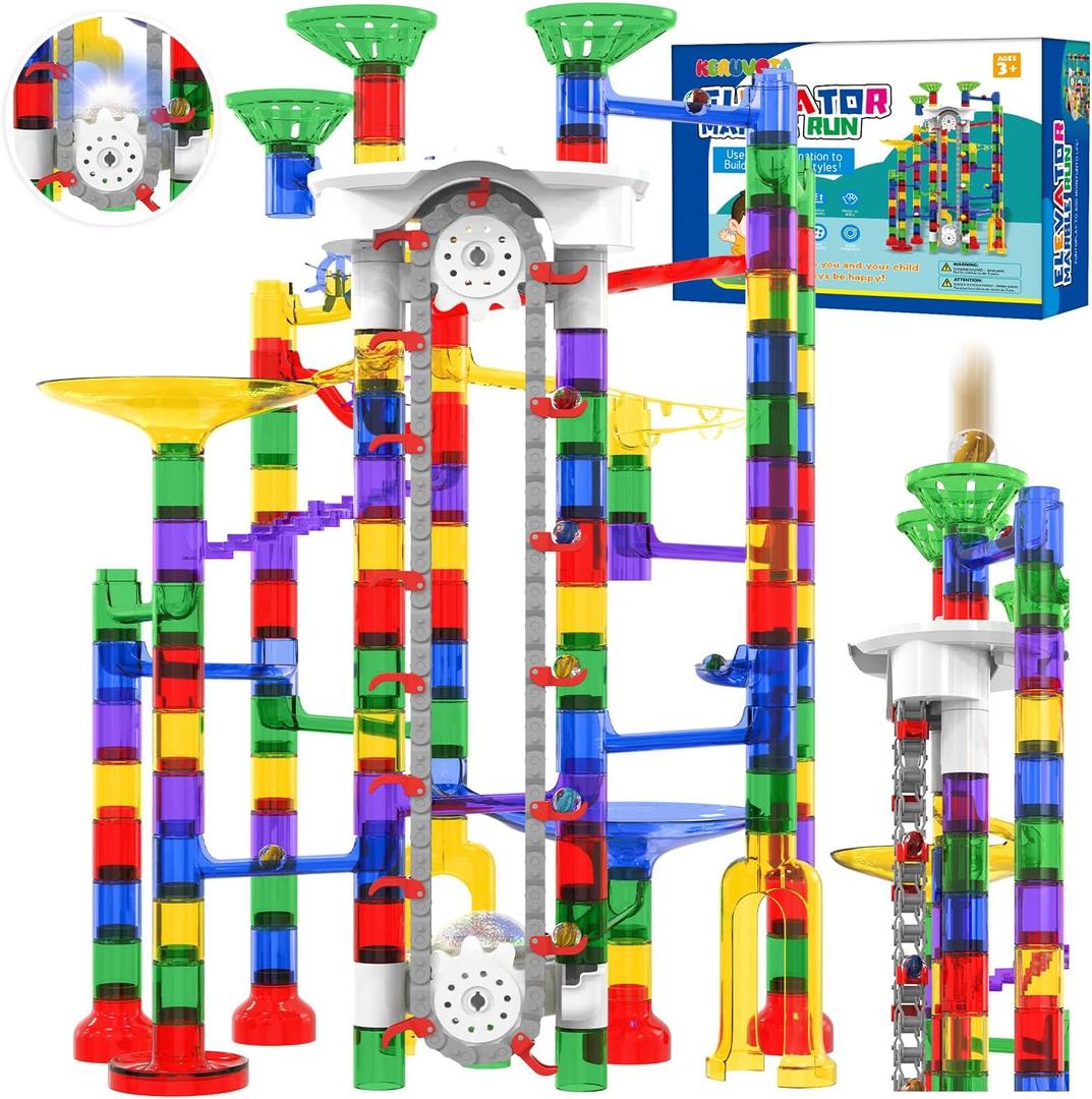 KERUVOTA Big Motorized Marble Run - Construction Building Blocks Toys 220Pcs Marble Race Track with Elevator, Educational STEM Game Christmas Birthday Gifts for Kids 3-5 4-8 8-12 (A-Colorful)