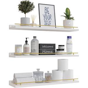 WOPITUES Floating Shelves 24 inch with Gold Metal Guardrail, Shelves for Wall Decor Set of 3, Wall Shelves for Bedroom, Bathroom, Kitchen, Living Room, Plants, Picture Frames, Art- White and Gold, 23.6 inch