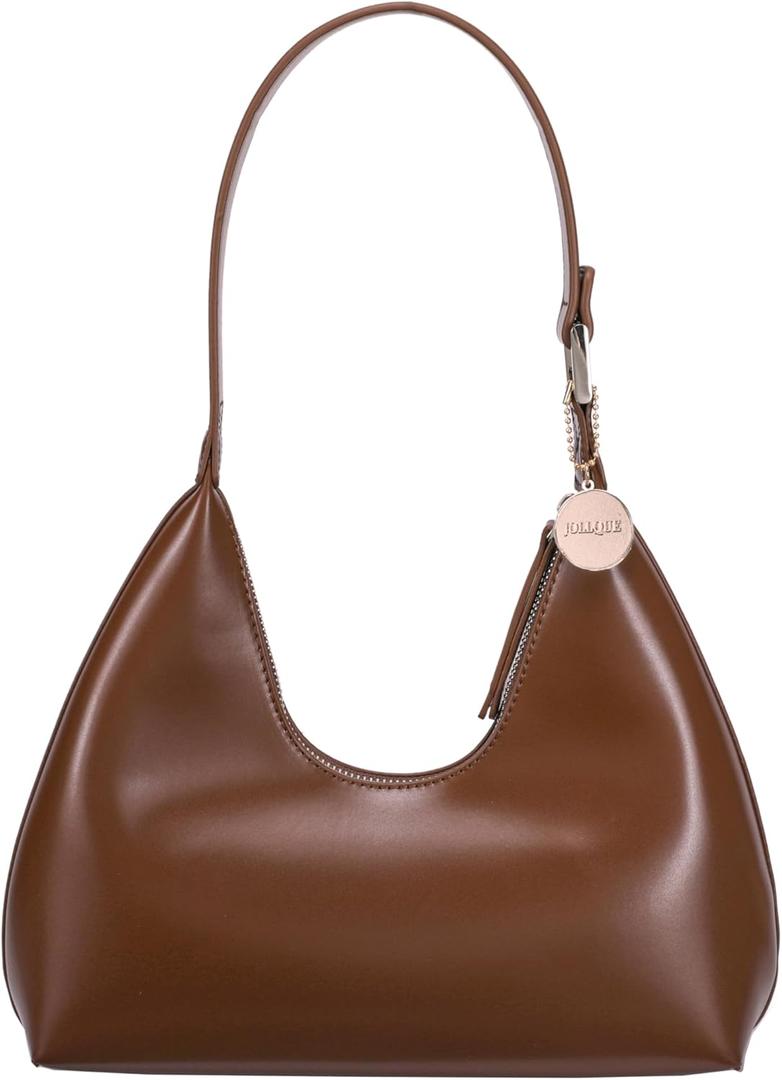 JOLLQUE Shoulder Bag for Women, Small Leather Handbag Purse,Unique Trendy Zipper Hobo Bag (Brown)