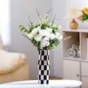 Black and White Checkered Vase Large 11.25 Inch Height Modern Checkered Decor Ceramic Black and White Flower Shaped Decorative Vase for Office, Bedroom, Home Decor