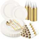 175pcs Plastic Dinnerware Set,Ivory Fancy Beaded Plastic Plates for 25 Guests Include 50 Elegant Plastic Plates,75 Plastic Silverware Set,25 Cups and 25 Pre Rolled Napkins for Father's Day