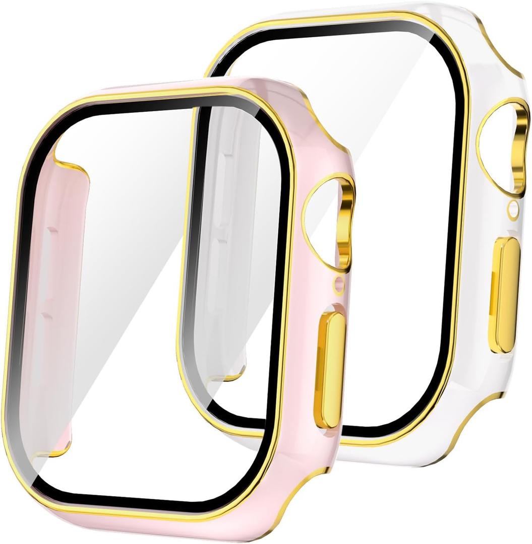 2Pack Compatible with Apple Watch Case Series 11/10 built in Tempered Glass Screen Protector, Anti-Scratch Cover for iWatch (pink&white with gold edge, for series 11/10 46mm)