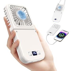 Handheld Portable Fan with Ice Cooler,6 in 1 7000mAh USB Rechargeable Foldable Personal Hand Held Fan,Power Bank, LED Display, 5+2 Speeds for Travel/Summer/Concerts/Lash, Gifts for Men Women (White)