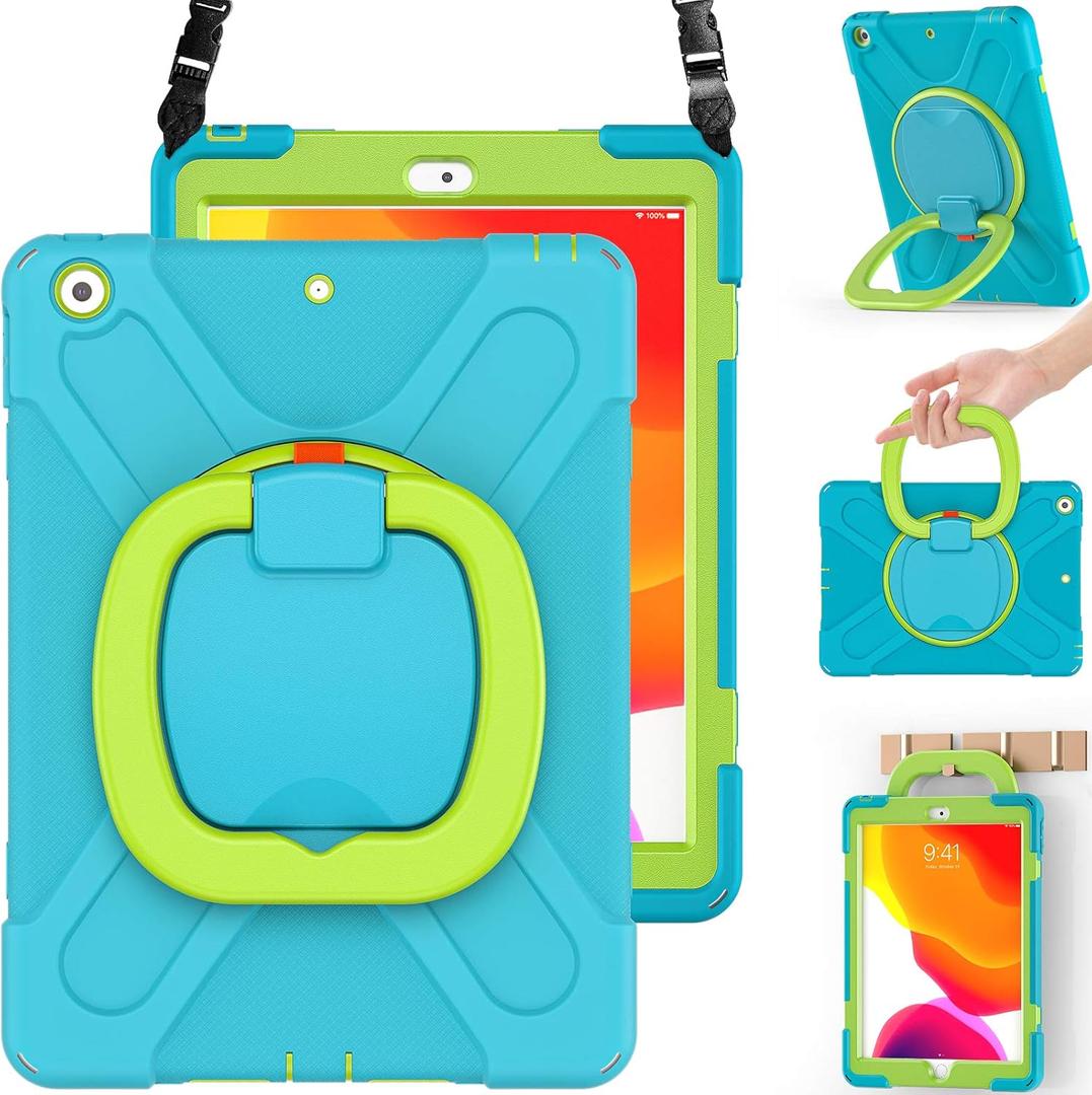 BRAECN Case for iPad 9/8/7,Shockproof Protective Boys Girls Silicone Case with Screen Protector Pencil/Pencil Cap Holder Shoulder Strap Handle Grip Stand for iPad 10.2 Inch 9th/8th/7th Gen-Sky Blue