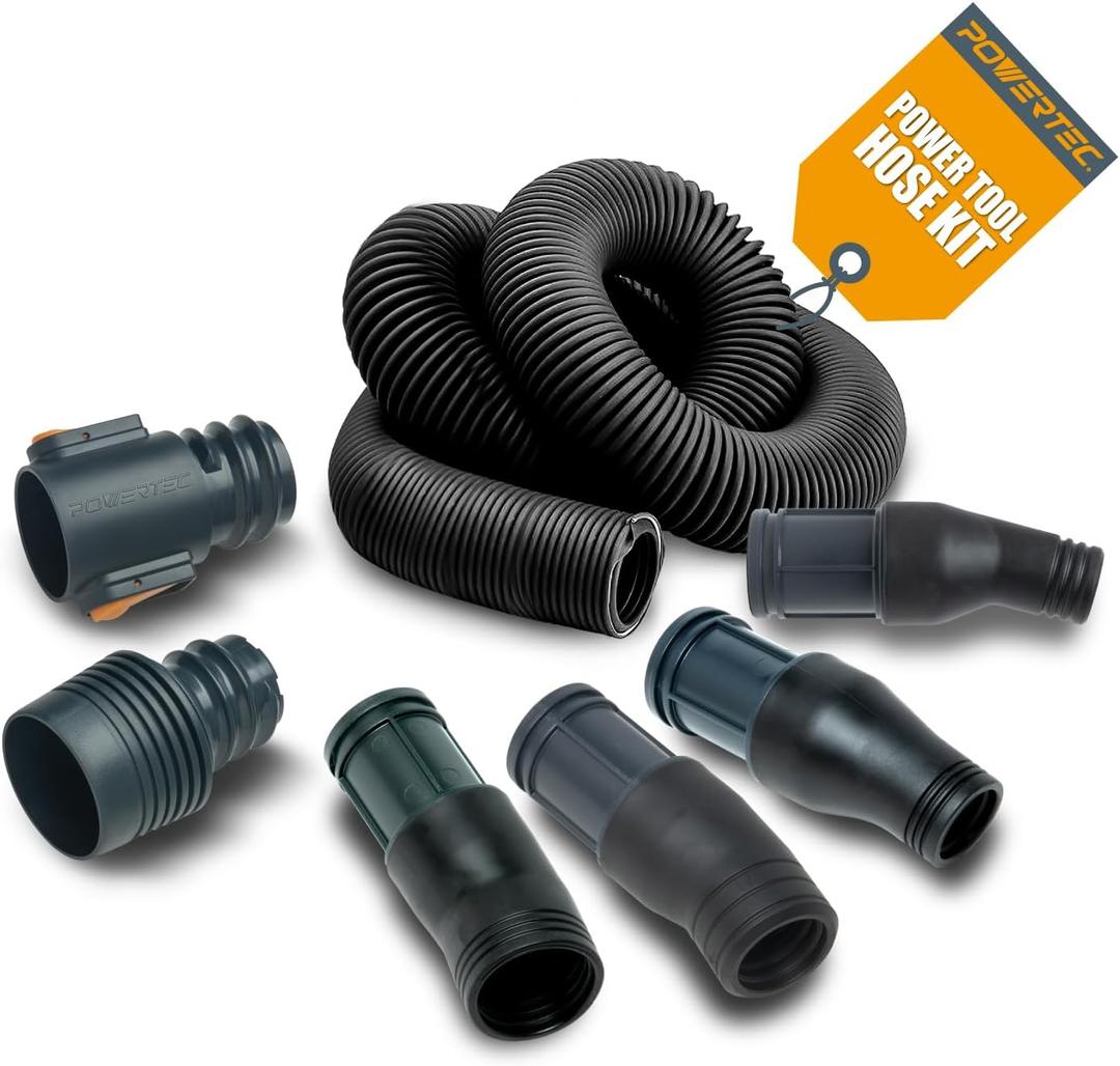 POWERTEC Power Tool Vacuum Hose Kit with 10' Hose, 4 Shop Vacuum Adapters & 2-1/2" to 2-1/4" Reducer for Miter Saw, Track Saw, Jigsaw, Orbital Sanders and Woodworking Power Tools (70376)