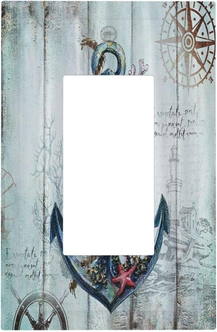 Nautical Anchor Vintage Blue Wood Print Single Rocker Decora Outlet Cover 1 Gang Light Switch Cover Decorative Wall Plate Starfish Coral Rustic Gfci Electrical Switchplate for Farm Bathroom