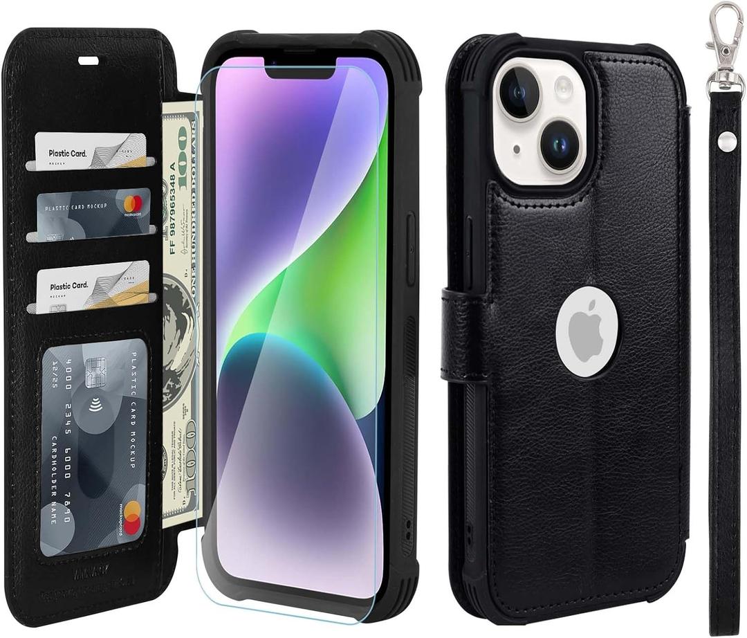 VANAVAGY Compatible for iPhone 14 Plus/15 Plus Wallet Case for Women Men, PU Leather Flip Cover with Wrist Strap for Wireless Charging with RFID Blocking Card Holder Screen Protector,Black