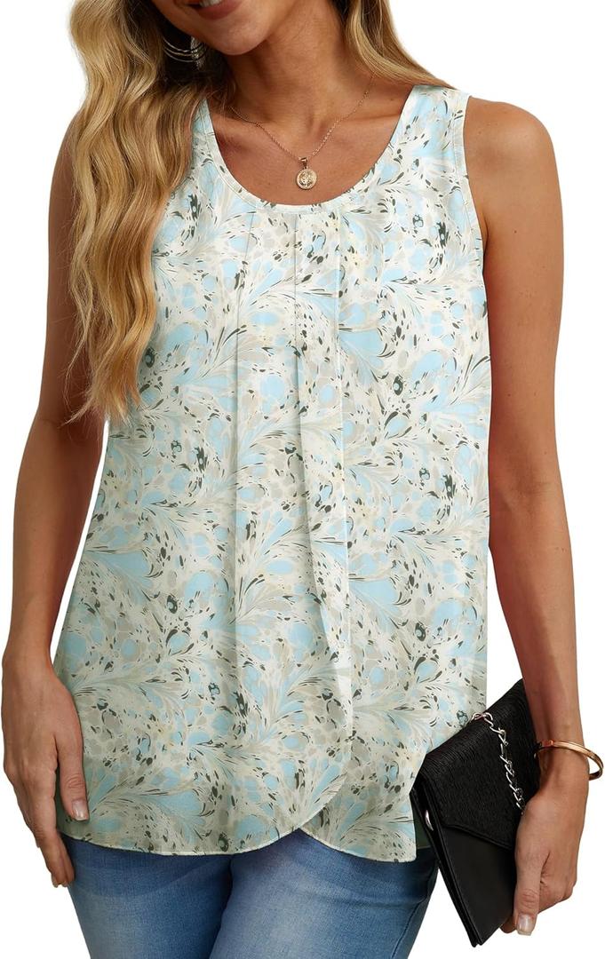 IWOLLENCE Womens Summer Tank Tops Sleeveless Chiffon Double Layers Blouse Loose Round Neck Casual Shirts (XL)