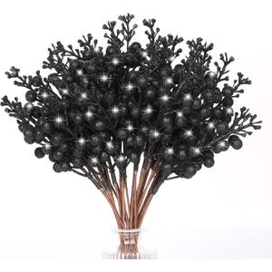 HOHOTIME 36Pcs Christmas Halloween Black Glitter Berry Stems Ornaments, 9.5 Inch Artificial Christmas Tree Picks for Xmas Tree Garland Wreath Vase Decorations DIY Home Decor(Black)