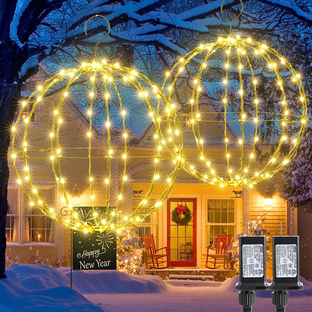 Joomer 2 Pack Christmas Ball Lights, 13IN & 11IN Foldable Metal Sphere Light, Connectable Waterproof 8 Modes with Timer, Hanging Tree Globe Lights for Holiday Christmas Decorations (Warm White)