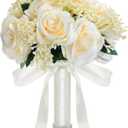 Janinka 10 Inch Large Wedding Bouquets for Bride Bridesmaid Artificial Rose Flowers Paired with Silk Ribbon and Rhinestones Bridesmaid Bouquet for Proposal Party Church Decoration(Champagne,Rose)