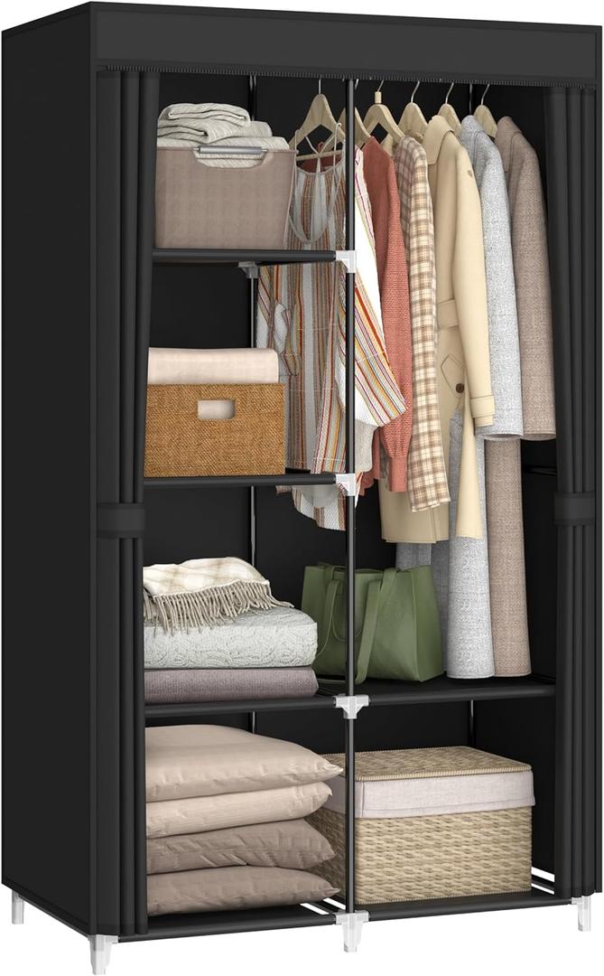 35 Inch Portable Closet for Small Room, Clothing Organizer Storage Rack with Non-Woven Fabric Cover, 1 Clothes Hanging Rod, 6 Storage Shelves, Black