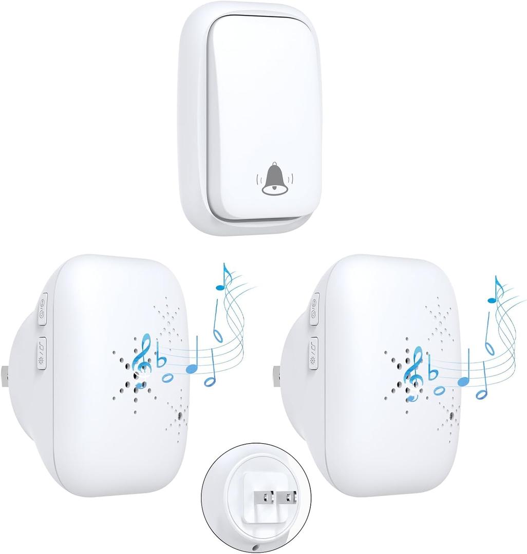 US Plug Self Powered Wireless Doorbell No Battery 100M Distance 38 Songs Door bell Button Outdoor Doorbell Wireless Waterproof for Home School Office (US White 1V2 A)