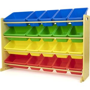 Humble Crew Extra-Large Toy Organizer with 20 Plastic Bins  Primary/Natural Storage Rack with 4-Tier Shelves, Anti-Tip Safety, for Kids Rooms, Playrooms, Nurseries & Classrooms