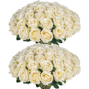 50 PCS Fake Champagne Roses, Artificial Flowers Bulk Realistic Silk Faux Rose with Stems for Wedding Decorations, Bridal Bouquets, Mother's Day Thanksgiving DIY Floral and Home Decor