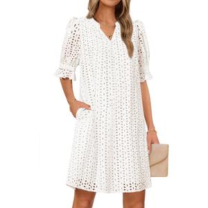 MEROKEETY Women's 2026 Summer Short Sleeve Mini Dress V Neck Ruffle Hollow Out Eyelet Lace Dresses, M