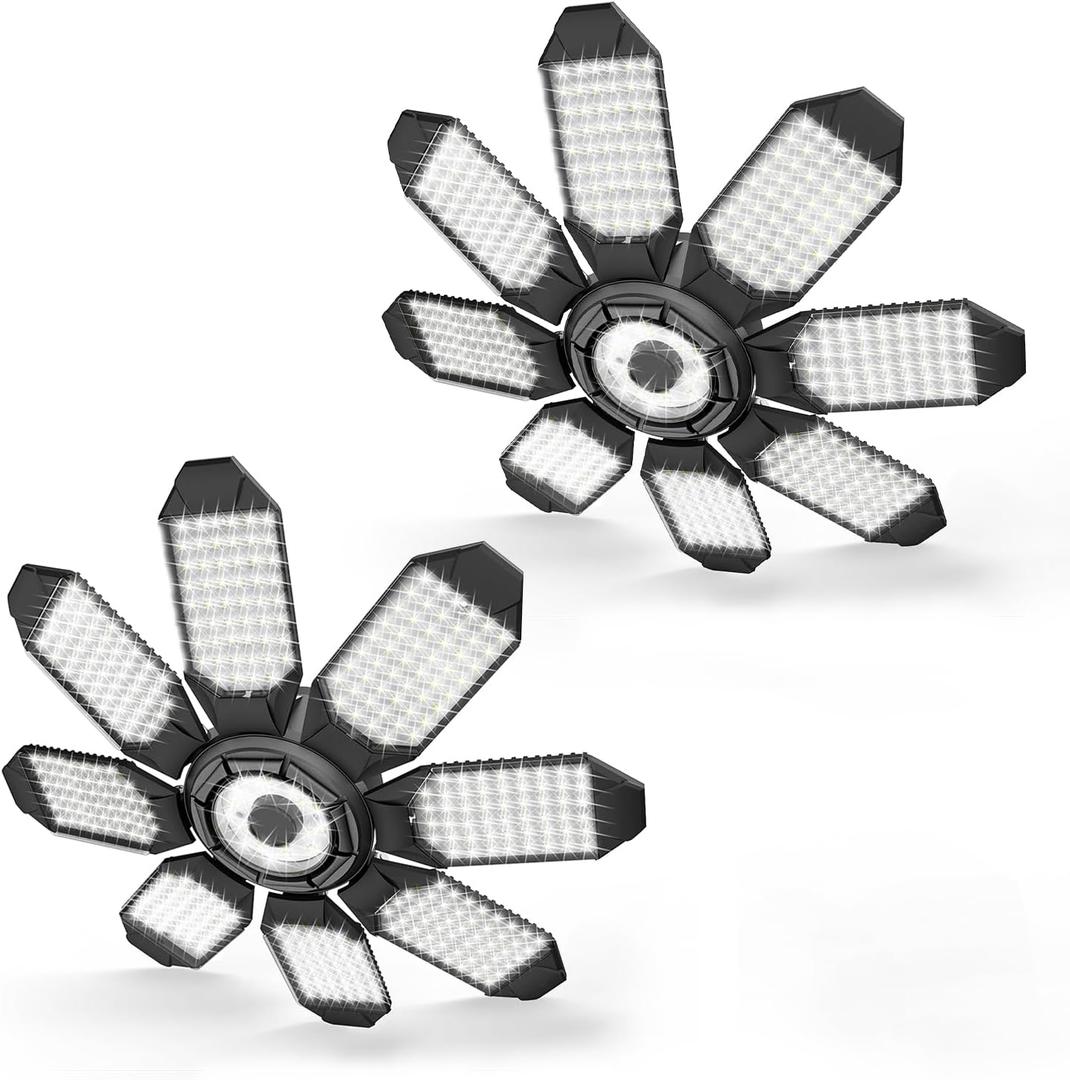 Garage Lights - 40000LM Super Bright Garage Lights Ceiling Led w/ 8 Deformable Panels Compatible for E26/E27 Screw in Socket Garage Lighting Bulb for Barn Basement Shops Attic - 2 Pack