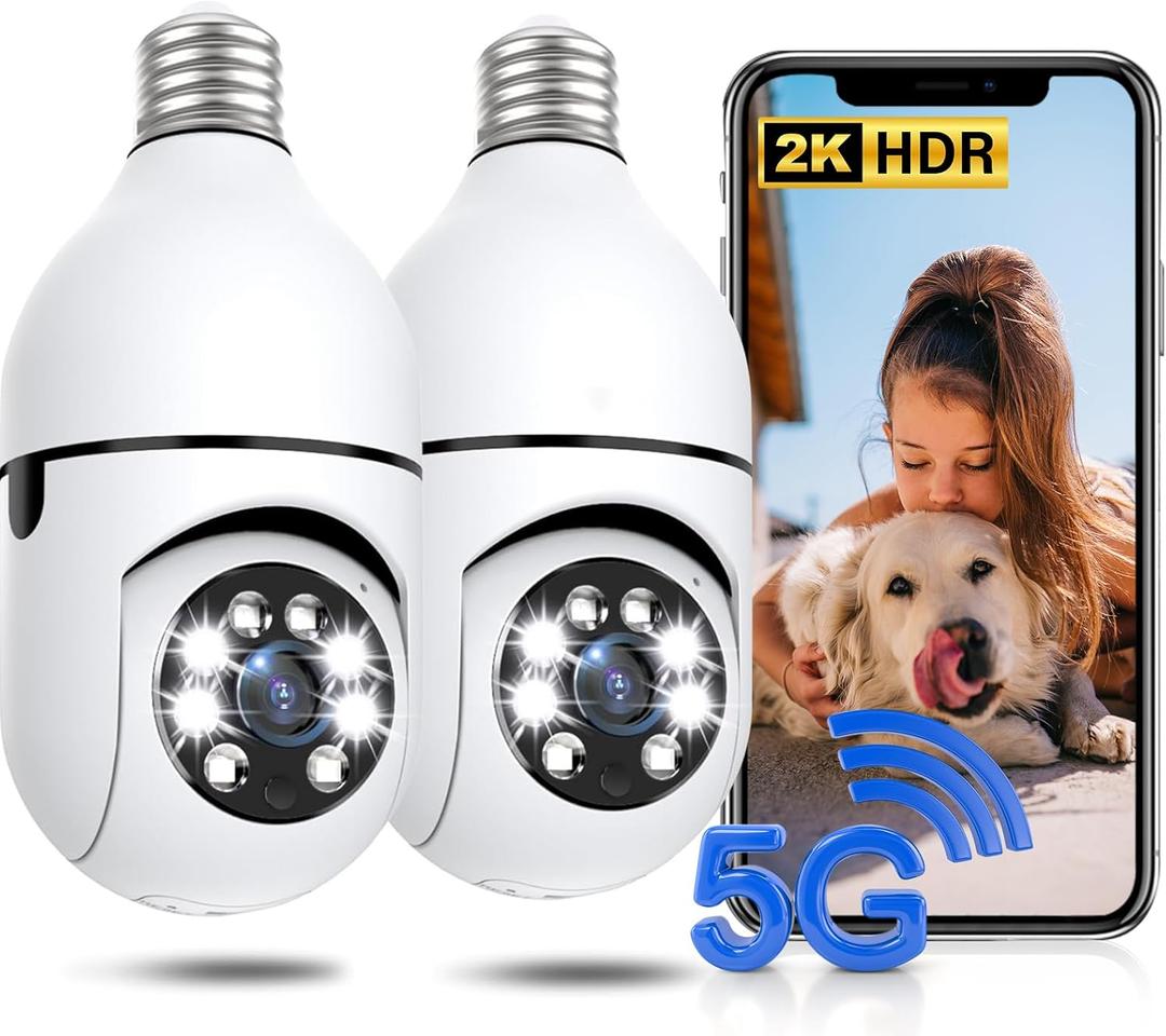 Light Bulb Security Camera 2 Packs, 5G&2.4GHz 2K Security Cameras Wireless Outdoor 360 PTZ Cameras for Home Security with Color Night Vision, 2 Way Talk, AI Human Detection, Screw in Light Socket (White)