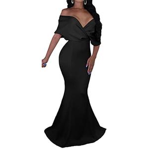 GOBLES Women Sexy V Neck Off The Shoulder Evening Gown Fishtail Maxi Dress (L, Black)