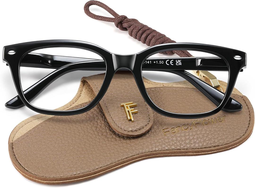 Square Reading Glasses for Women - Blue Light Blocking Readers - Amber Mist (1.75x, Bright Black)
