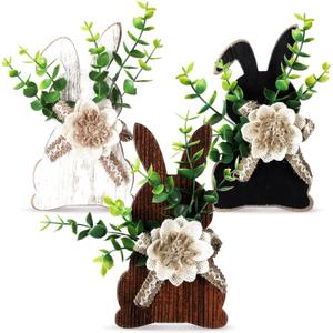 Yousoontic 3 Pcs Easter Table Decorations Farmhouse Bunny Decor for Home Wooden Tiered Tray Decor Table Centerpiece Rustic Spring Easter Bunny Decors Sign with Flower for Tabletop Mantel(Front)