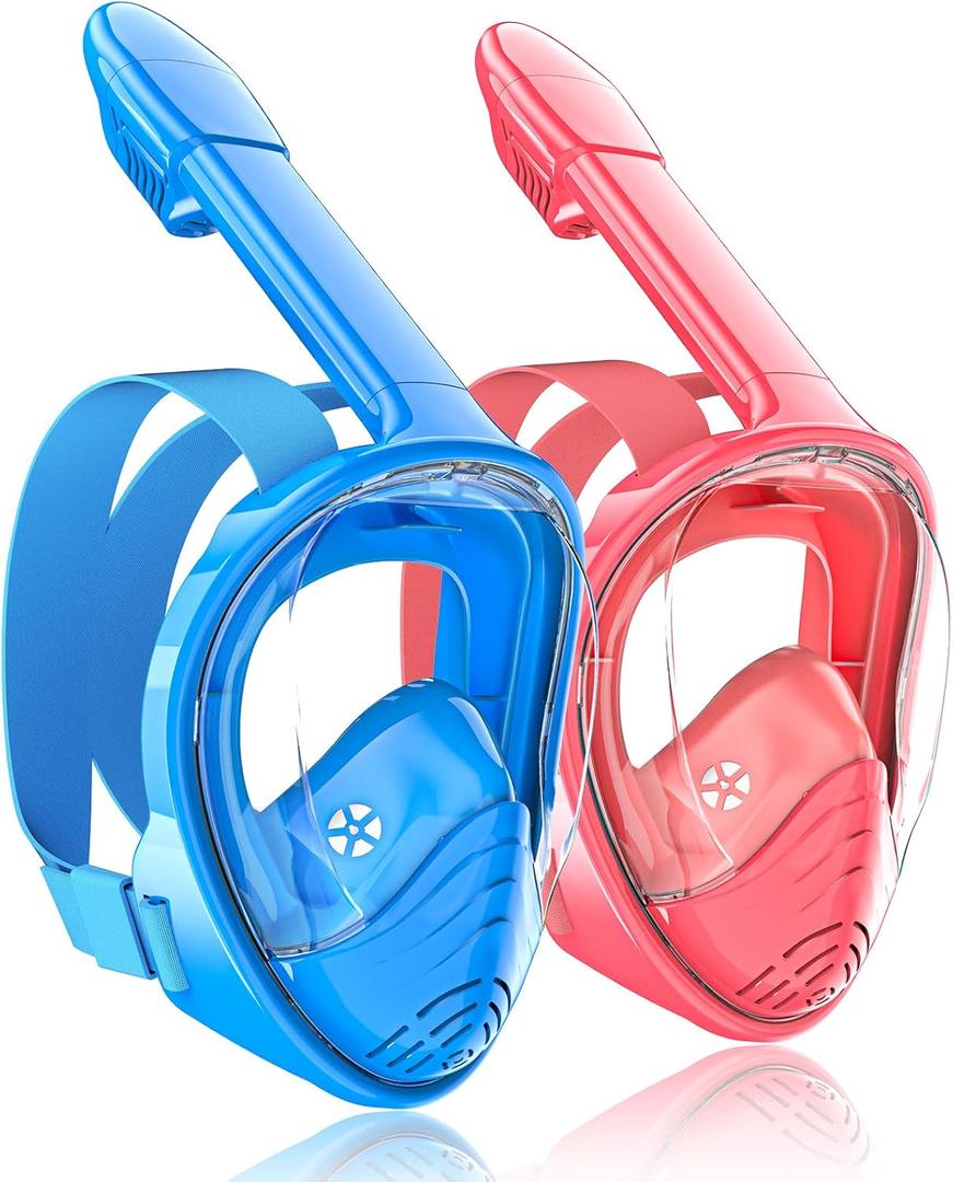 QingSong Kids Snorkel Mask Full Face, Snorkeling Set with Camera Mount, Foldable 180 Degree Panoramic View Snorkeling Gear Anti-Fog Anti-Leak (X-Small, 1Blue/1Pink)