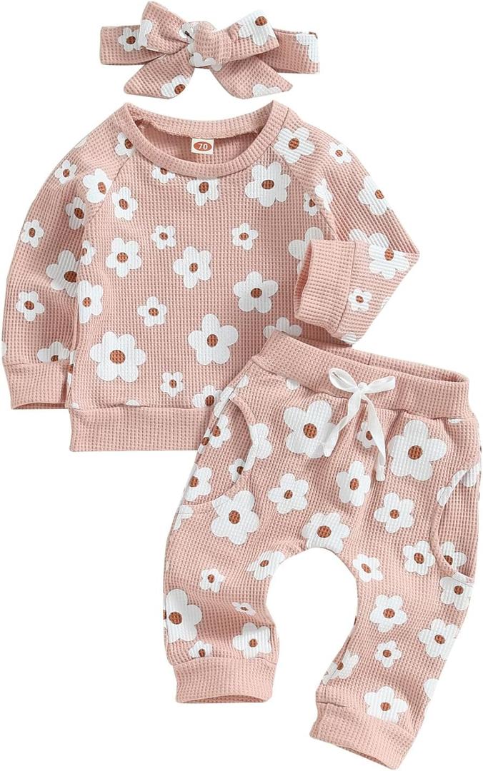 Toddler Baby Girl Fall Winter Clothes Newborn Infant Floral Pullover Sweatshirt T-Shirts+Pants 3PCS Outfits Set(Waffles-Pink, 18-24 months)