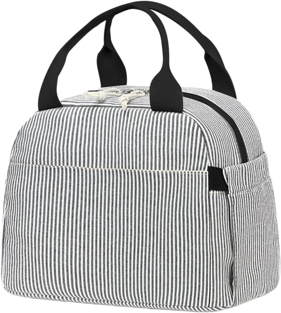 Bluboon Lunch Box for Women Cute Lunch Bag Reusable Insulated Lunch Bags Large Capacity Lunchbox Cooler for Work Picnic or Travel (Black White Vertical Stripes)