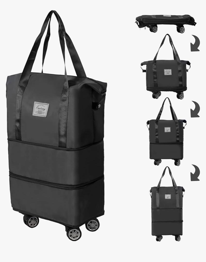 Finnhomy 50L Expandable Rolling Duffel Bag with Wheels Foldable Duffel Bag for Travel Carry on Bag with Wheels Luggage Travel bag Detachable Wheel Duffel Bag for Shopping Travel Outdoor, Black