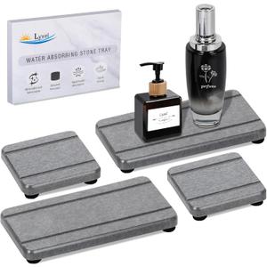 4PCS Stone Drying Trays for Bathroom Sink and Kitchen Counter - Water Absorbing Stone Tray with Diatomaceous Earth, Soap Dish and Coaster