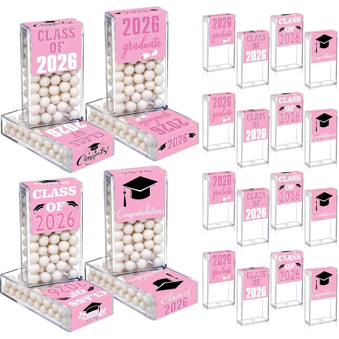 AceOrbit 2026 Graduation Candy Jar Bulk for 24 Guest 3.54 Inch Empty After Dinner Candy Tube Buffet Container Acrylic Box with Sticker for Class of 2026 End of Year Gifts Multi-item Party Favor(Pink)
