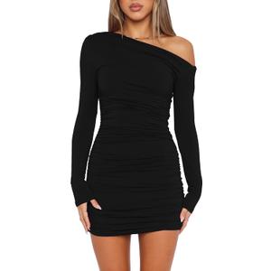 Mokoru Women's Sexy Elegant Off Shoulder Long Sleeve Ruched Bodycon Cocktail Party Mini Dresses (X-Large, Black)