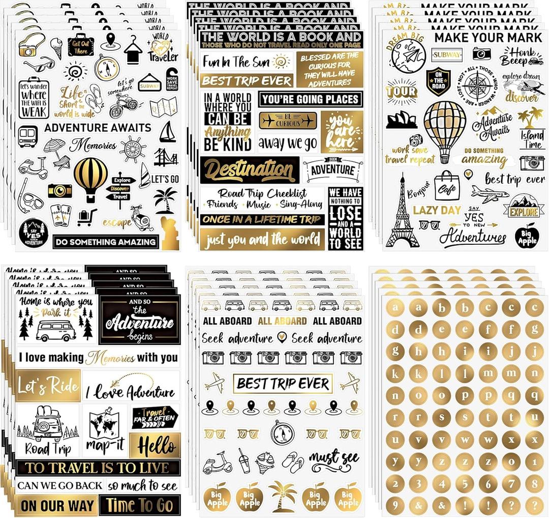 30 Sheets Vintage Travel Stickers Gold Foil Scrapbook Stickers Travel, Accessories for DIY Journals Planners Collage Albums, 6x8 Inch, Adhesive Vinyl Adventure Laptop Decals Gifts for Women Menn