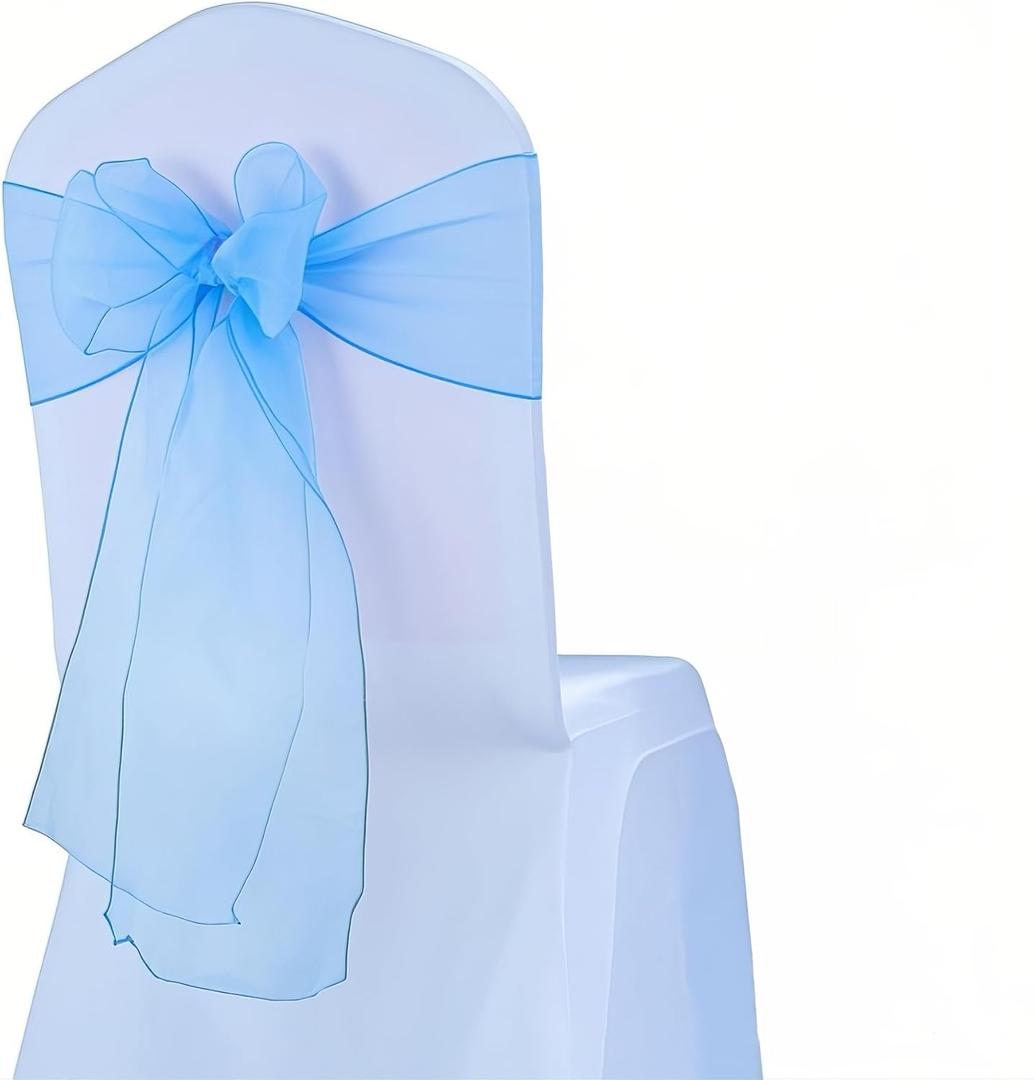 50 Organza Baby Blue Chair Bows for Wedding 7x108 Inches Crystal Yarn Sheer Chair Sashes Knots Ties for Party Banquet Birthday Hotel Restaurant Events Decorations