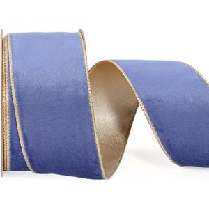LaRibbons Velvet Ribbon Wired 2.5 Inch x 10 Yards, Dusk Blue and Gold for Christmas Tree, Gift Wrapping, Wreath Bow, Outdoor Decoration