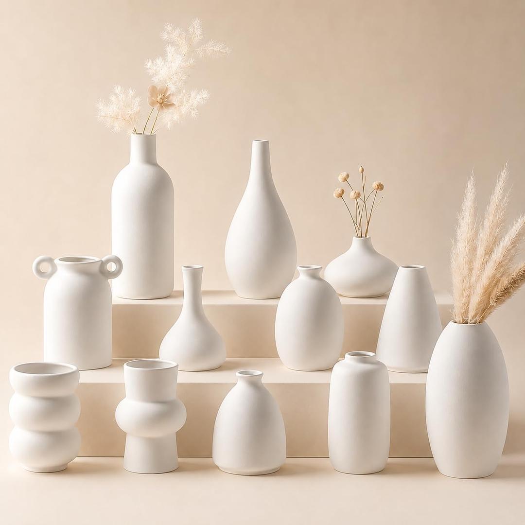 Set of 12 White Ceramic Vase for Pampas Grass Flowers, Japandi Small Vases in Bulk for Wedding Centerpieces, Shelf and Table Decorations, Living Room and Bedroom Decor, DIY Gift