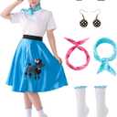 Spooktacular Creations Halloween 6Pcs 1950s Outfits for Women, Poodle Skirts for Women 50s Costume Set with Socks for Cosplay (Small, Blue)