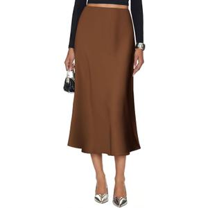 Women's Silk Satin Midi Skirt Elastic High Waisted A-Line Cheetah Print Leopard Long Skirts for Women Trendy (Brown) S