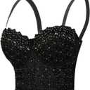 Women's Lace Rhinestone Bustier corset Wedding Party Crop Top Bra Vest (Black, S)
