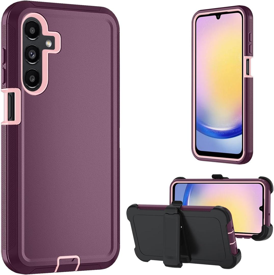 for Samsung Galaxy A16 5G case,A16 5G Heavy Duty case,with A Tempered Glass Screen Protector, [Military Grade Protective ] [Shockproof] [Dropproof] [Dust-Proof] (with Belt Clip-WineRed/Pink)