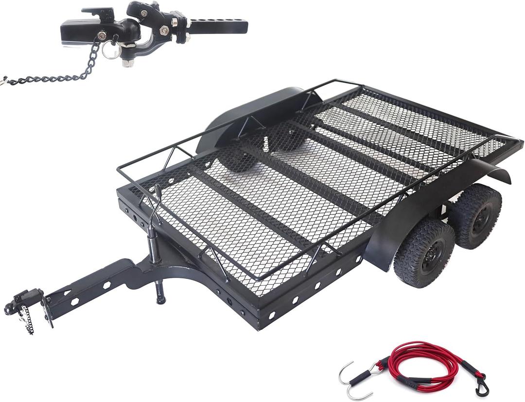 1/10 RC Car Trailer Heavy-Duty Metal RC Trailer for 1/10 RC Crawler TRX4 TRX6 SCX10 Gen7 Gen8, Hitch Receiver and Kinetic Winch Strap Included