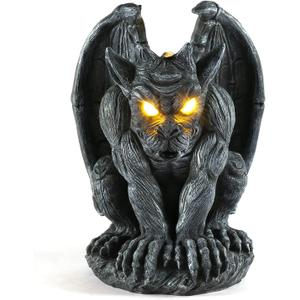Large Winged Gargoyle Statue with Solar Lights Outdoor Decor, Sitting Gargoyle Monster Dragon Garden Guardian Gothic Creep Scary Sculpture, Patio Yard Lawn Decorations, Valentine's Day Gift