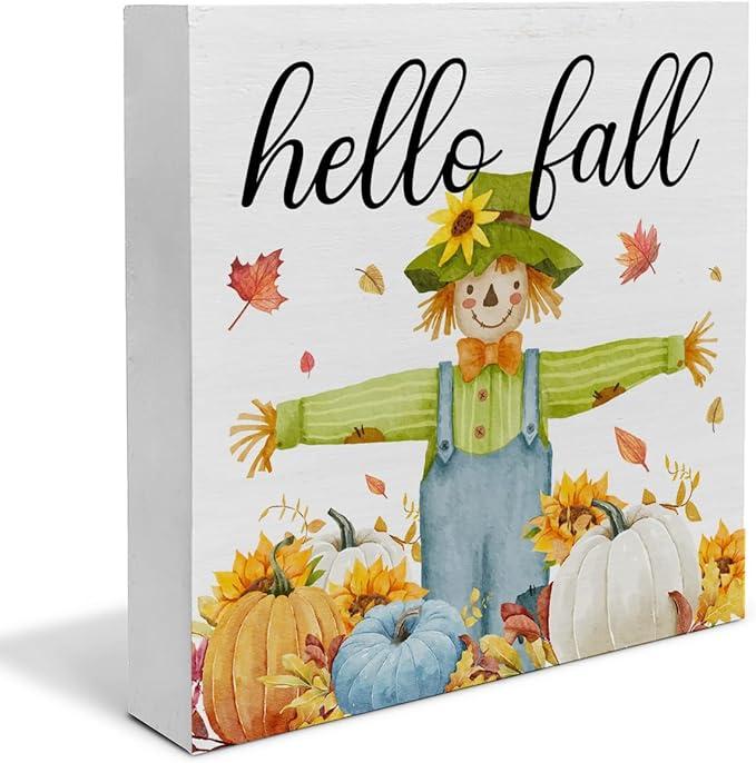 Scarecrows Fall Decor, Hello Fall Sign, Autumn Leaves Pumpkin Scarecrow Wood Block Plaque for Home Office Desk Decoration (5 x 5 Inches)
