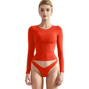 SUUKSESS Women Double Lined Fitted Basic T Shirts Crew Neck Long Sleeve Crop Top (X-Small, Dream Red)