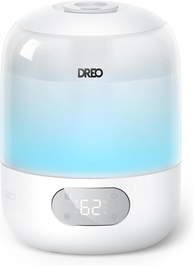 DREO Cool Mist Humidifiers for Baby, 3L Top Fill, 26dB Quite, Ambient Indicator Light for Nursery, Less Refill, Indoor (Ice White)