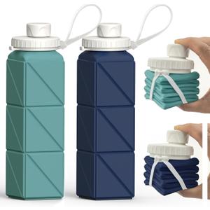 BEAUTAIL Collapsible Water Bottles 20.6oz (610 ml) 2 Pack, Silicone Foldable Portable Travel Water Bottle, BPA-free, Reusable Leakproof for Traveling Camping Hiking Cycling Sports Outdoor (Blue+DKBL)