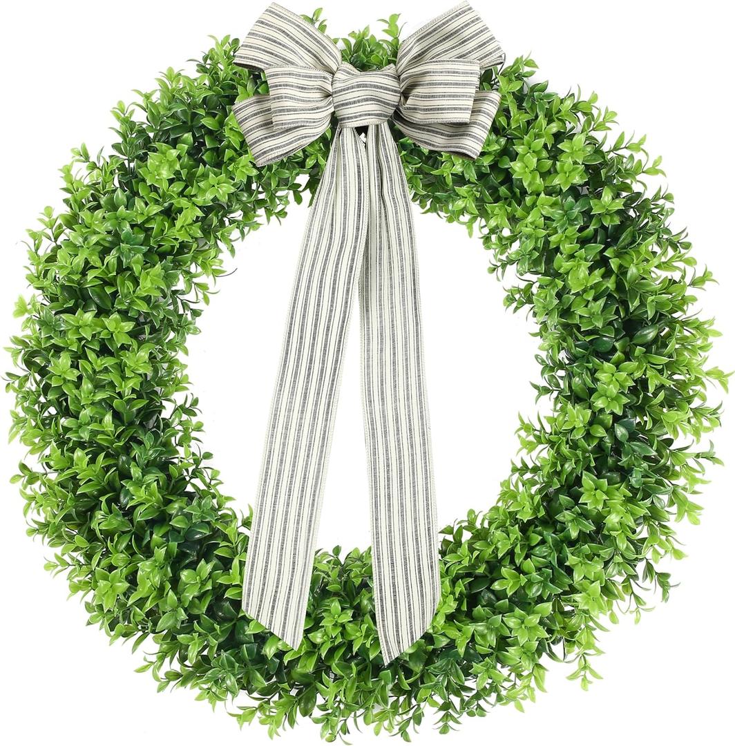32-Inch Boxwood Wreath, Artificial Boxwood Wreath Front Door Wreaths Artificial Spring Summer Greenery Hanging with A Plaid Bowand Sash for Front Door Wall Hanging