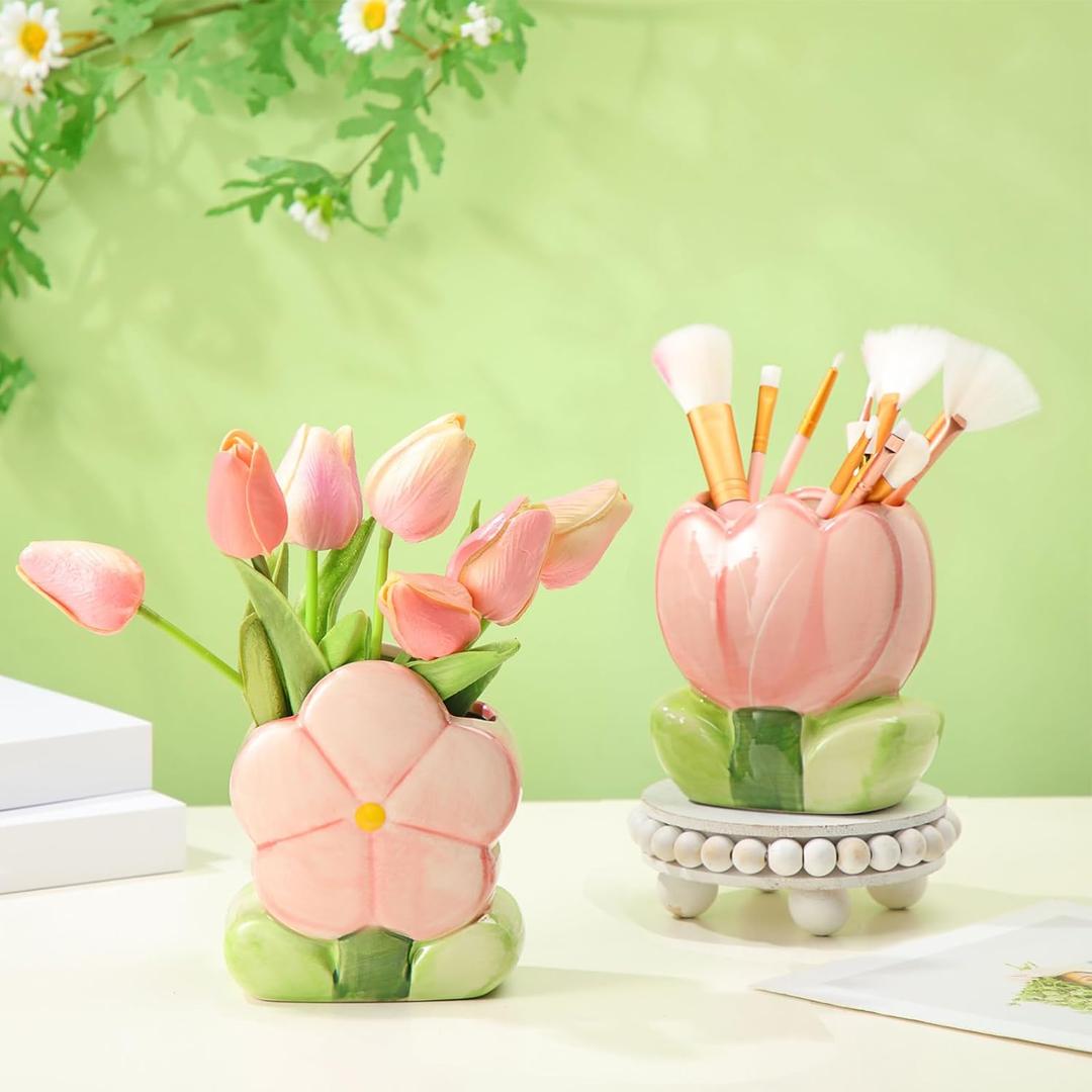 2 Pcs Pink Flower Ceramic Pen Holder Cute Tulip Pencil Holder Aesthetic Flower Makeup Brush Vase Decorative Desktop Organizer Birthday Gift for Women Office Home Wedding Party Decor